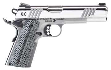 Picture of Bersa B1911 Mirror Full Size Frame 45 ACP 8+1 5" Stainless Steel Barrel, Polished Stainless Serrated Steel Slide, Stainless Steel Frame w/Beavertail, Gray VZ Grip, Ambidextrous B19117050PMBG