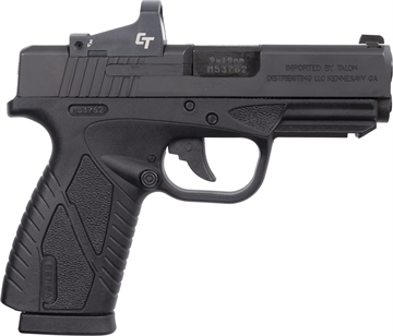 Picture of Bersa BP CC, Striker Fired, Semi-automatic, Polymer Frame Pistol, Compact, 9MM, 3.3" Barrel, Matte Finish, Black, Fixed Sights, No Thumb Safety, 8 Rounds, 1 Magazine, Includes Crimson Trace Red Dot BP9MCCL