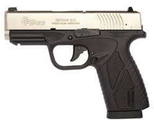 Picture of Bersa BPCC Sub-Compact Frame 9mm Luger 8+1 3.30" Black Steel Barrel, Nickel Cerakote Serrated Steel Slide, Matte Black Polymer Frame w/Picatinny Rail BP9DTCC