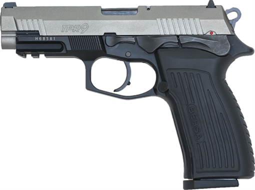 Picture of Bersa TPR Full Size Frame 9mm Luger 17+1, 4.30" Black Steel Barrel, Nickel Cerakote Serrated Steel Slide, Matte Black Aluminum Frame w/Picatinny Rail, Ambidextrous TPR9DT