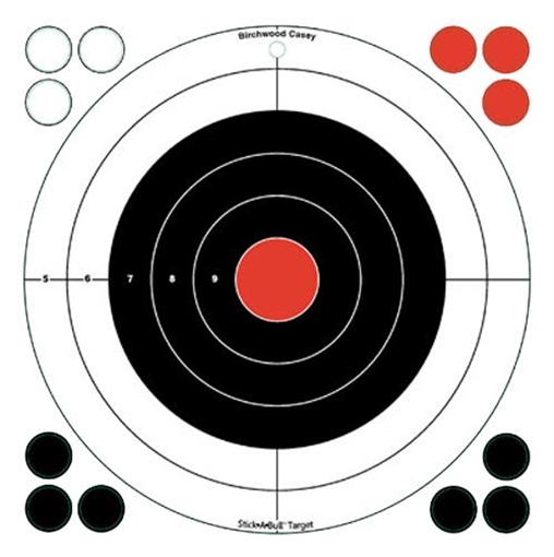Picture of Birchwood Casey 33912 Stick-A-Bull Self-Adhesive Paper Black/Red/White 12" Bullseye 5 Pack 33912 BC-33912