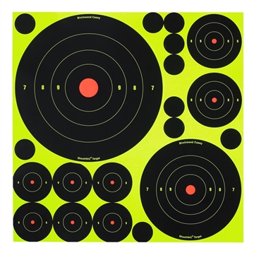 Picture of Birchwood Casey 34018 Shoot-N-C Reactive Target Variety Pack Self-Adhesive Paper Black/Yellow Bullseye 50 Pack 34018 BC-34018
