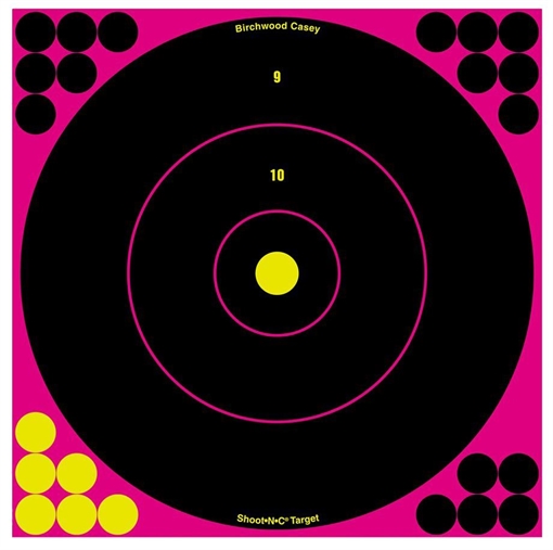 Picture of Birchwood Casey 34027 Shoot-N-C Reactive Target Self-Adhesive Paper Black/Pink 12" Bullseye 5 Pack 34027 BC-34027
