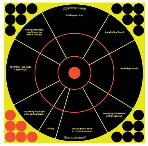 Picture of Birchwood Casey 34032 Shoot-N-C Reactive Target Self-Adhesive Paper Black/Yellow/Red 12" Circle 5 Pack 34032 BC-34032