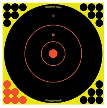 Picture of Birchwood Casey Shoot-N-C Reactive Target Self-Adhesive Paper Black/Yellow/Red 12" Bullseye 50 Pack 34050