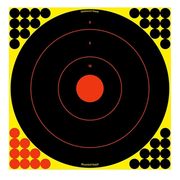 Picture of Birchwood Casey Shoot-N-C Reactive Target Self-Adhesive Paper Black/Yellow/Red 17.25" Bullseye 100 Pack 34170