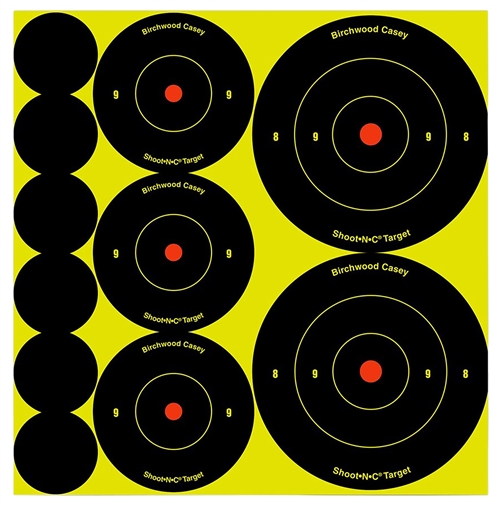 Picture of Birchwood Casey 34608 Shoot-N-C Reactive Target Variety Pack Self-Adhesive Paper Black/Yellow Bullseye 132 Pack 34608 BC-34608