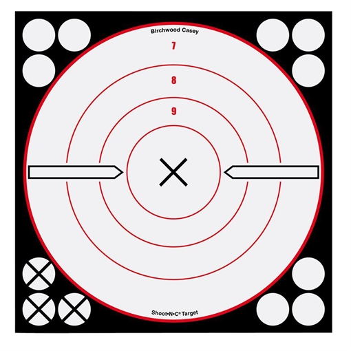 Picture of Birchwood Casey 34802 Shoot-N-C Reactive Target Self-Adhesive Paper Black/Red/White 8" Bullseye 6 Pack 34802 BC-34802