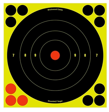 Picture of Birchwood Casey 34805 Shoot-N-C Reactive Target Self-Adhesive Paper Black/Yellow/Red 8" Bullseye 6 Pack 34805 BC-34805