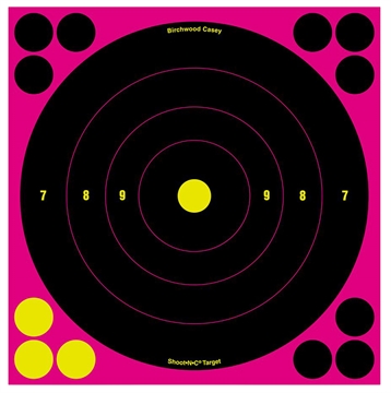 Picture of Birchwood Casey Shoot-N-C Reactive Target Self-Adhesive Paper Black/Pink 8" Bullseye 6 Pack 34808
