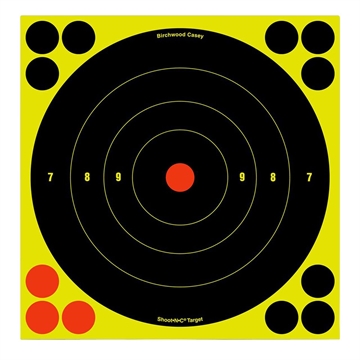Picture of Birchwood Casey 34825 Shoot-N-C Reactive Target Self-Adhesive Paper Black/Yellow/Red 8" Bullseye 30 Pack 34825 BC-34825