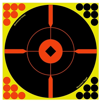 Picture of Birchwood Casey 34850 Shoot-N-C Reactive Target Self-Adhesive Paper Black/Yellow/Red 8" Bullseye BMW 50 Pack 34850 BC-34850