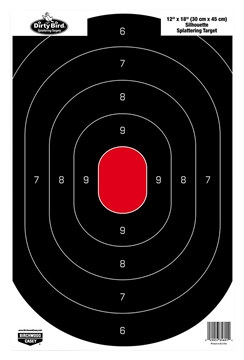 Picture of Birchwood Casey Dirty Bird Silhouette Tagboard Hanging Pistol 12" x 18" Black/Red White Impact Splatter 100 Per Pkg 35601