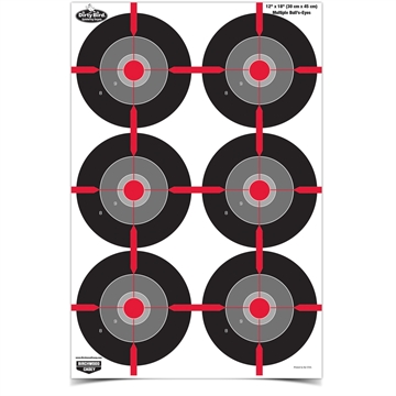 Picture of Birchwood Casey Dirty Bird Multiple Bullseye Tagboard Hanging Pistol 12" x 18" Black/Red/Gray White Impact Splatter 8 Per Pkg 35705
