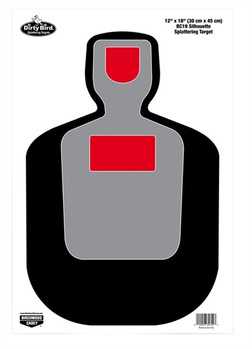 Picture of Birchwood Casey Dirty Bird BC-19 Silhouette Paper Hanging Pistol 12" x 18" Black/Gray/Red White Impact Splatter 100 Per Pkg 35712
