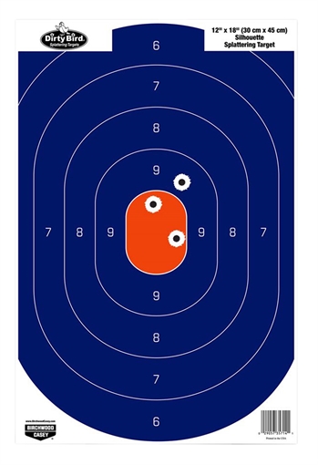 Picture of Birchwood Casey Dirty Bird Silhouette Tagboard Hanging Pistol 12" x 18" Blue/Orange White Impact Splatter 50 Per Pkg 35720