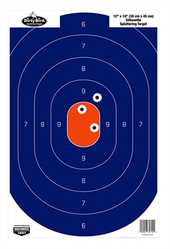 Picture of Birchwood Casey Dirty Bird Silhouette Tagboard Hanging Pistol 12" x 18" Blue/Orange White Impact Splatter 50 Per Pkg 35720