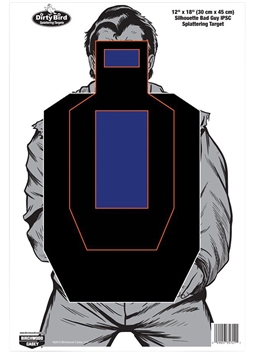 Picture of Birchwood Casey Dirty Bird Bad Guy IPSC Silhouette Tagboard Hanging Pistol 12" x 18" Black/Blue/White 100 Per Pkg 35721