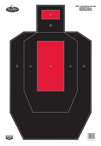 Picture of Birchwood Casey Dirty Bird IPSC Tagboard Hanging Pistol 16.50" x 24" Black/Red White Impact Splatter 3 Per Pkg 35743