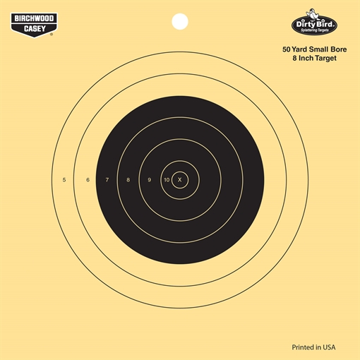 Picture of Birchwood Casey Dirty Bird 8" Bullseye Tagboard Hanging 50 yds Small Bore Rifle Black/Yellow 25 Per Pkg 35815
