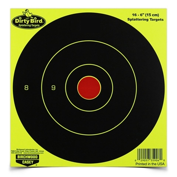 Picture of Birchwood Casey Dirty Bird 6" Bullseye Paper Hanging Pistol/Rifle Black/Yellow 16 Per Pkg 35906