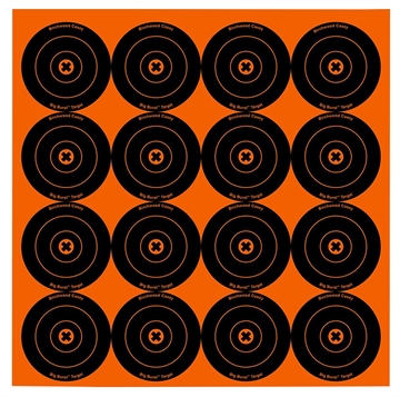 Picture of Birchwood Casey 36348 Big Burst Revealing Target Self-Adhesive Paper Black/Orange 3" Bullseye 48 Pack 36348 BC-36348