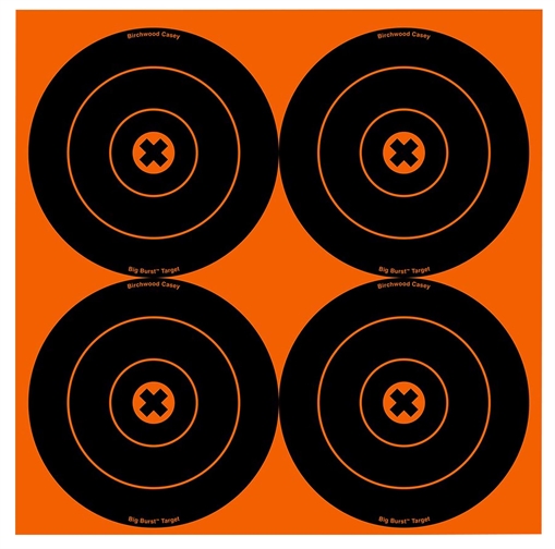 Picture of Birchwood Casey 36612 Big Burst Revealing Target Self-Adhesive Paper Black/Orange 6" Bullseye 12 Pack 36612 BC-36612