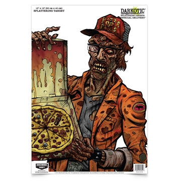 Picture of Birchwood Casey Darkotic Special Delivery Zombie Pizza Delivery Paper Hanging Universal 12" x 18" Multi-Color Impact Enhancement Splatter 8 Per Pkg 35650