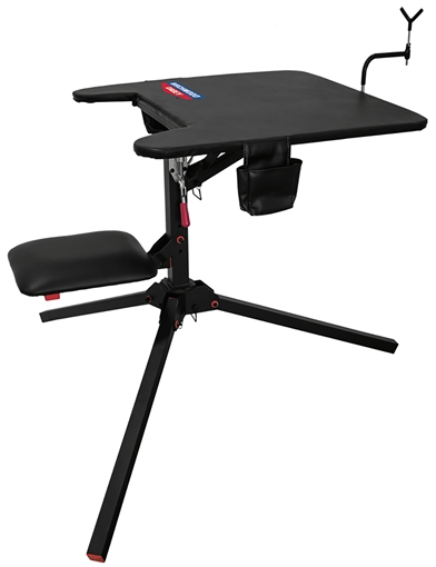 Picture of Birchwood Casey Swivel Action Shooting Bench, Seat and Top Swivel 360 Degrees, Extended Armrests, Adjustable Rubber Coated Gun Rest, 2 Shell Gear Pockets, Rated for 300LBS, Black BC-MSB300