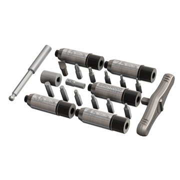 Picture of Birchwood Casey Torque Limiter Set, (5) Preset Torque Limiters, (12) Bits, 1/4" Drive Socket Adaptor, 1/2" Socket, Silver/Black, Includes Zipper Case BC-TRQL