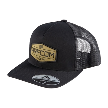 Picture of Ar15.Com BLACK SNAPBACK W/ BLACK MESH- OLIVE RUBBER HEXAGONAL PATCH 104C-BKHEXPATCH