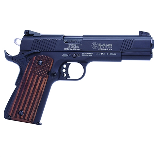 Picture of Mauser Rimfire 1911 22 LR 10+1 5" Black Steel Barrel, Black Serrated Aluminum Slide, Black Aluminum Frame w/Beavertail, Molded Wood Flag Grip, Ambidextrous 4110608