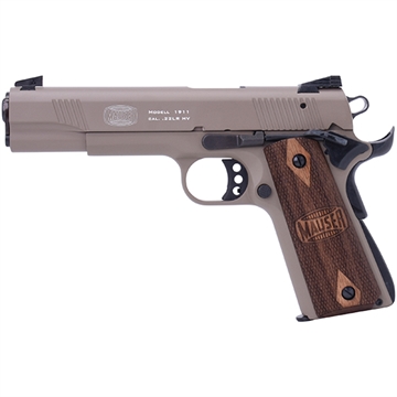 Picture of Mauser Rimfire 1911 22 LR 10+1 5" Black Steel Barrel, Tan Serrated Aluminum Slide, Tan Aluminum Frame w/Beavertail, Walnut Grip, Ambidextrous 4110604