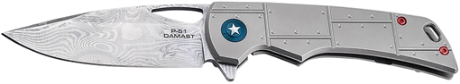Picture of Boker P-51 Damast 3.35" Drop Point Plain Silver Acid Etch Damascus Blade Titanium Handle 01BO910DAM