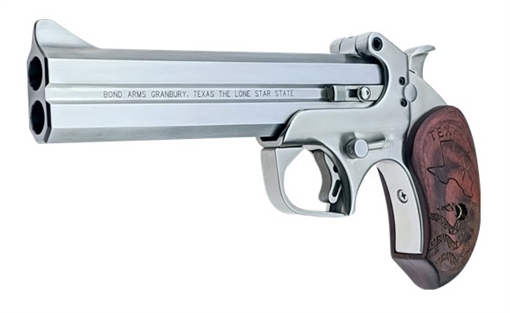 Picture of Bond Arms Texan Derringer Single 45 Colt (LC)/410 Gauge 2rd, 6" Stainless Steel Double Barrel & Frame, Blade Front/Fixed Rear Sights, Custom Engraved Rosewood Grip, Manual Safety BATX