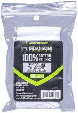 Picture of BREAKTHROUGH CLEAN TECHNOLOGIES SQUARE COTTON PATCHES ..2-1/4"" X 2-1/4" 50PCS / .38-.45 CALIBER /.410 - .20 GUAGE BT-CP-S-2-1/4-50 BT-CP-S-2-1/4-50 BTCPS21450