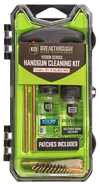 Picture of Breakthrough Clean Technologies Vision Series, Cleaning Kit, For 357/38/9MM, Includes Cleaning Rod Sections, Hard Bristle Nylon Brushes, Jags, Patch Holders, Cotton Patches, Durable Aluminum Handle, Mini Bottles of Breakthrough Military-Grade Solvent and Battle Born High-Purity Oil BT-ECC-9 BTECC9