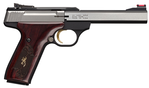 Picture of Browning Buck Mark Medallion 22 LR 10+1 5.50" Blackened SS Slab Side Barrel, Stainless Steel Serrated SS Slide, Matte Black Aluminum Frame, Checkered Rosewood w/Gold BuckMark Inlay Grip 051543490