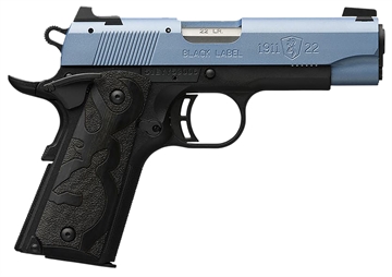 Picture of Browning 1911 Black Label Compact Frame 22 LR 10+1, 3.63" Matte Stainless Steel Barrel, Polar Blue Cerakote Serrated Slide, Matte Black Polymer Frame w/Beavertail, Black Laminate Wood Grip 051898490