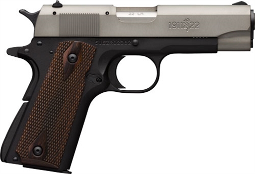 Picture of Browning 1911-22A1, Semi-automatic, Metal Frame Pistol, Compact, 22LR, 3.63" Barrel, Aluminum, Anodized Finish, Gray Slide, Black Frame, Walnut Grips, 10 Rounds, 1 Magazine 051880490