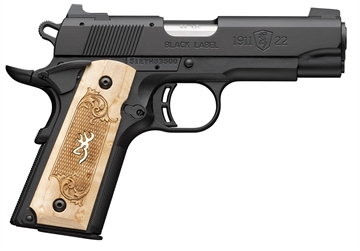 Picture of Browning 1911-22 Black Label Medallion Compact Frame 22 LR 10+1 3.63" Stainless Steel Barrel, Matte Black Serrated Slide, Matte Black Aluminum Frame w/Beavertail, Maple Medallion Grip 051068490