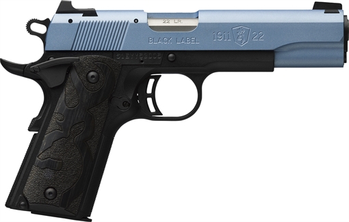 Picture of Browning 1911 Black Label Full Size Frame 22 LR 10+1, 4.25" Matte Stainless Steel Barrel, Polar Blue Cerakote Serrated Slide, Matte Black Polymer Frame w/Beavertail, Black Laminate Wood Grip 051897490