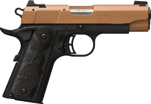 Picture of Browning 1911-22 Black Label Compact Frame 22 LR 10+1, 3.63" Matte Stainless Steel Barrel, Copper Cerakote Serrated Slide, Matte Black Polymer Frame w/Beavertail, Black Laminate Wood Grip 051896490