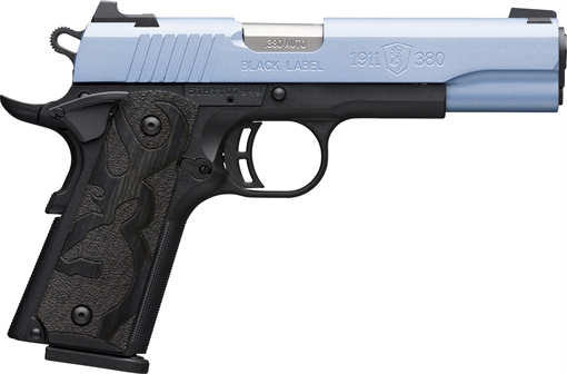 Picture of Browning 1911-380 Black Label Full Size Frame 380 ACP 8+1, 4.25" Matte Stainless Steel Barrel, Polar Blue Cerakote Serrated Aluminum Slide, Matte Black Polymer Frame w/Beavertail 051989492