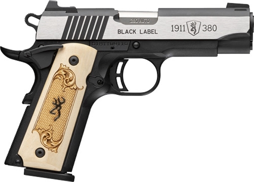 Picture of Browning Black Label, 1911, Single Action, Semi-automatic, Metal Frame Pistol, Compact Size, 380 ACP, 3.6" Barrel, Stainless Finish, Silver, Black Frame, Maple Medallion Checkered Grips, 3 Dot Sights, 10 Rounds, 2 Magazines 051999492