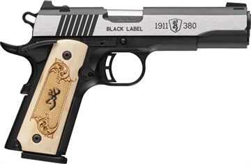 Picture of Browning Black Label, 1911, Single Action, Semi-automatic, Metal Frame Pistol, Full Size, 380 ACP, 4.25" Barrel, Stainless Finish, Silver, Black Frame, Maple Medallion Checkered Grips, 3 Dot Sights, 10 Rounds, 2 Magazines 051998492