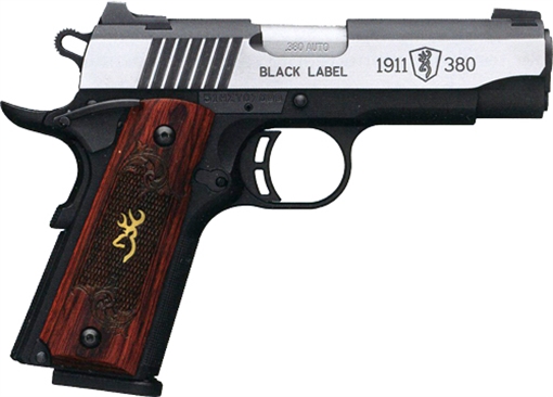 Picture of Browning 1911-380 Black Label Medallion Pro Compact 380 ACP 8+1, 3.63" Target Crown Steel Barrel, Blackened w/Silver Polished Flats Serrated SS Slide, Matte Black Polymer Frame w/Beavertail 051913492