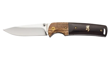 Picture of Browning Buckmark Hunter EDC 3" Folding Drop Point, Plain Mirror Polished 8Cr14MoV SS Blade, Black/Natural Finger Grooved w/Brass Accents Hardwood Handle, Includes Pocket Clip 3220231