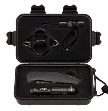 Picture of Browning Outdoorsman Survival Kit 3.50" Folding Drop Point Plain Black Stonewashed 8Cr13MoV SS Blade/Black G10 Handle Includes Storage Case/Flashlight/Wire Saw/Fire Flint/Compass/Whistle 3220288