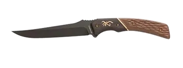 Picture of Browning Hunter Trail Knife 4.50" Fixed Trailing Drop Point Blade, Black Stonewashed 440C Stainless Steel, Two-Toned Jigged Wood Handle w/Bronze Accents, Includes Leather Sheath 3220394